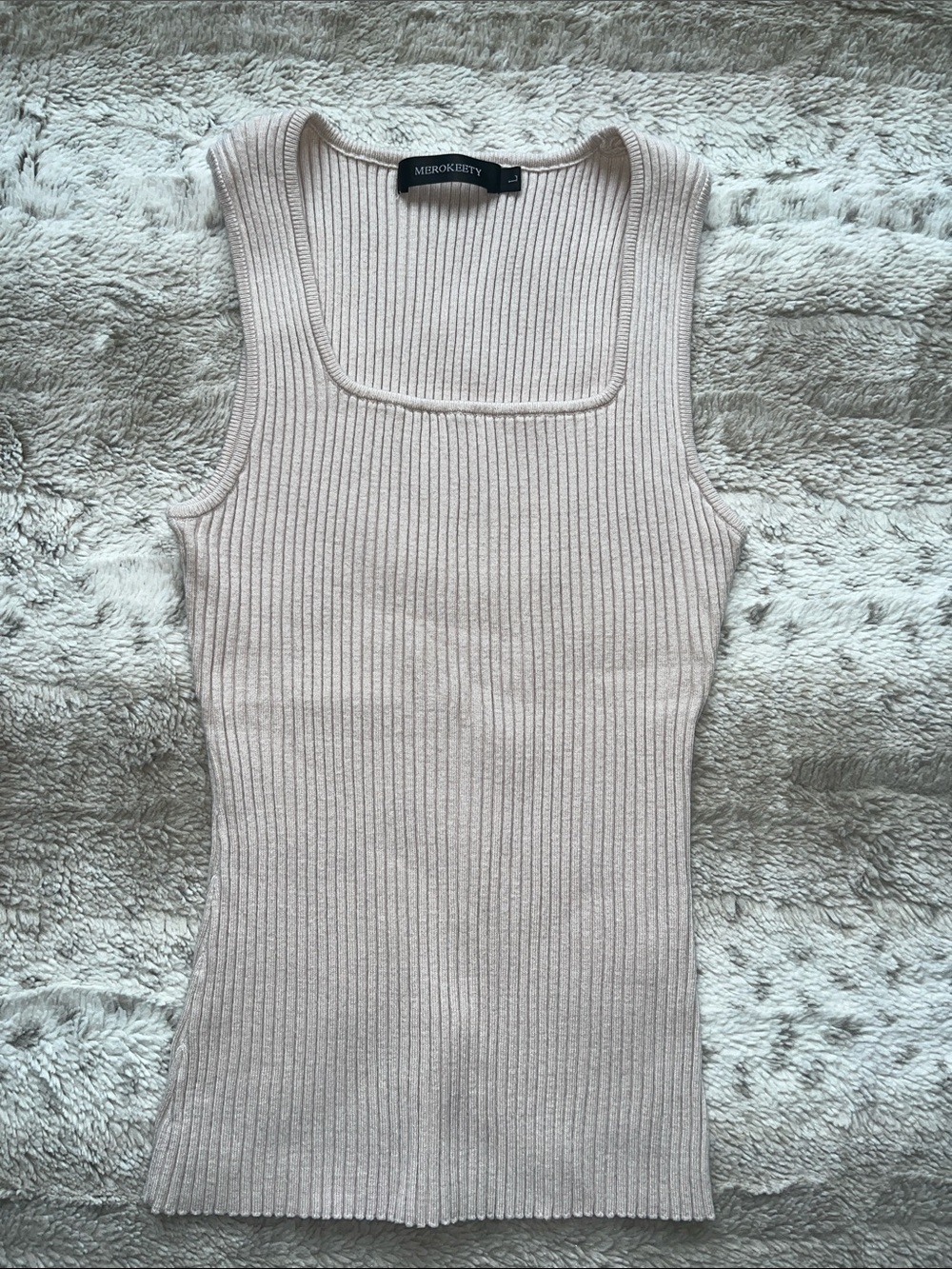 Merokeety Ribbed Square-Neck Tank Top in Light Beige